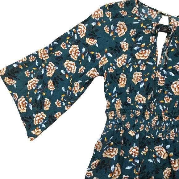 Green with Flowers Romper, Tie on Back, Elastic on Waist - Picture 3 of 7